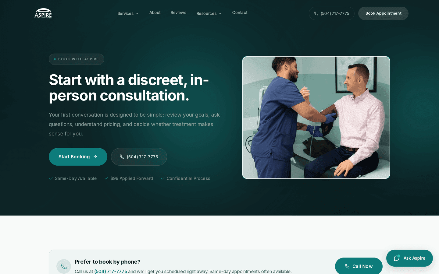 Custom appointment booking flow on aspireneworleans.com — multi-step form pre-segmented by service and location, wired to Weave EMR