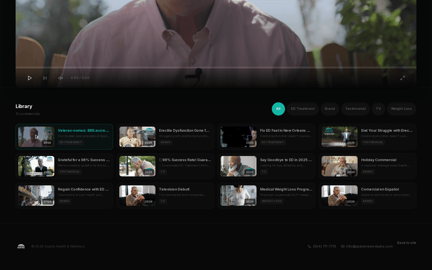 Aspire Health & Wellness media and commercials page — TV spots and press appearances rendered as a first-class credibility surface