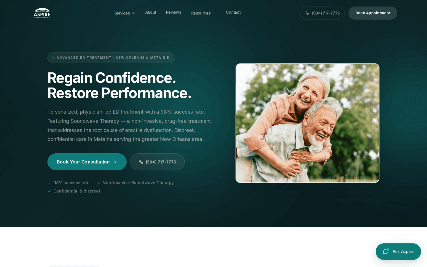 Aspire Health & Wellness men's health service page — educational sections, FAQs, structured schema, and condition-specific CTAs