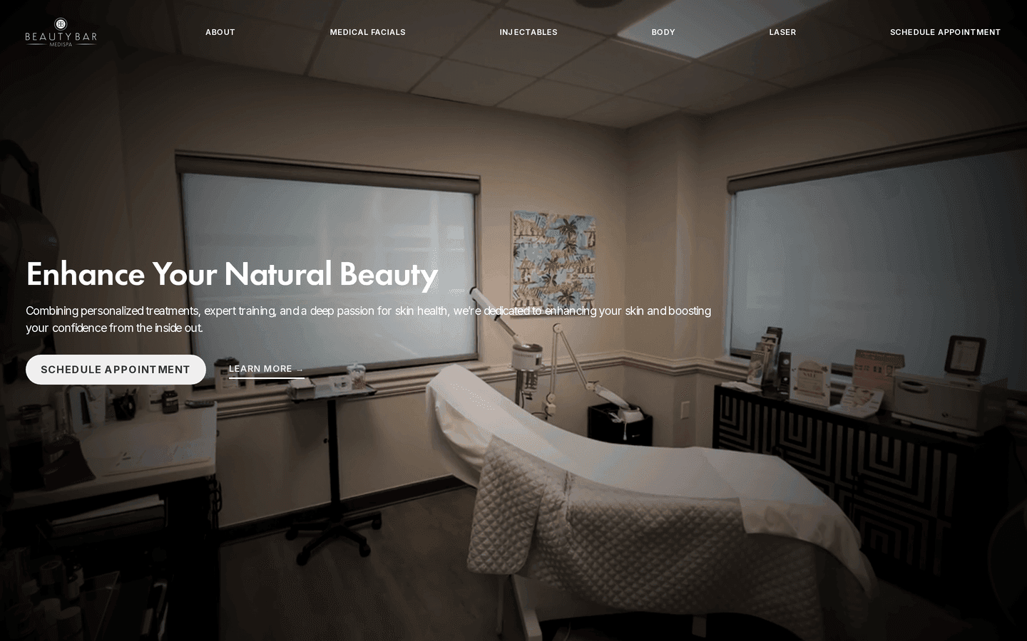 Beauty Bar Medispa website hero screenshot