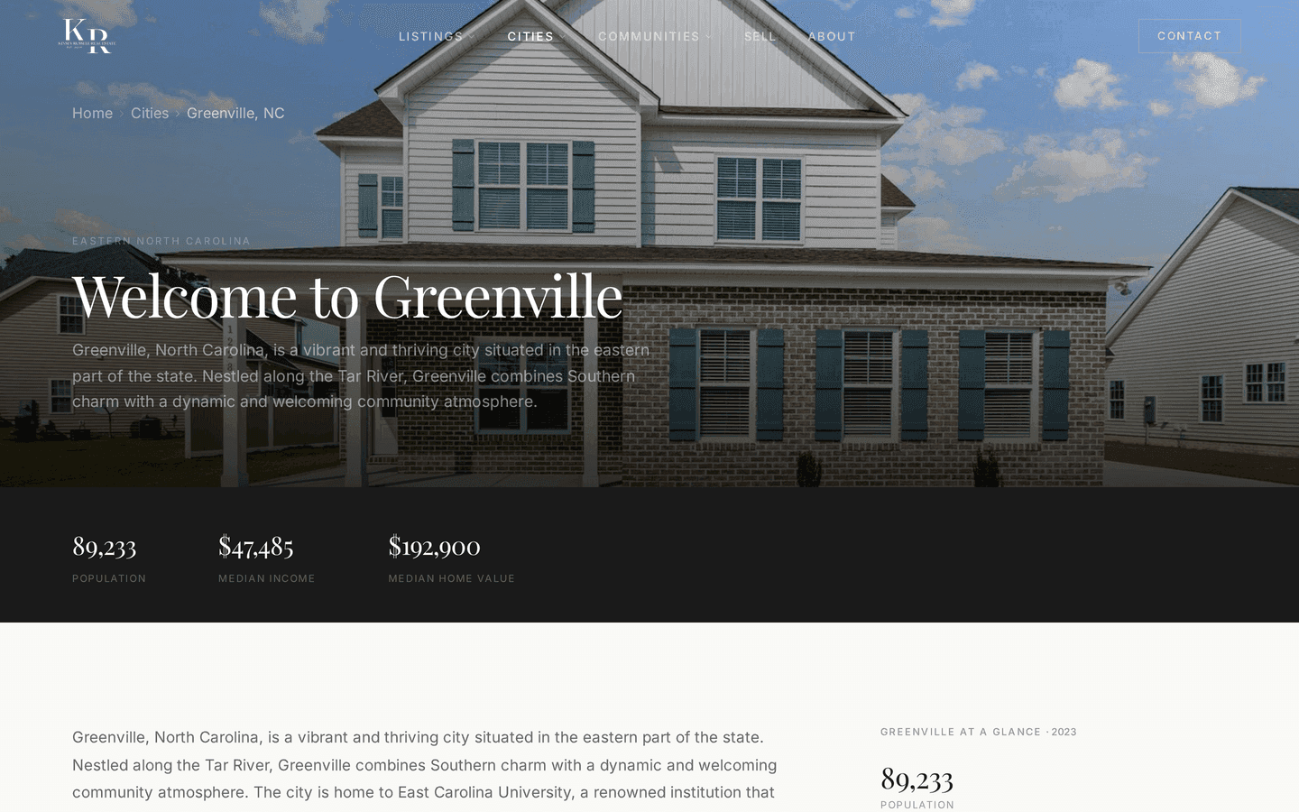 Greenville, NC city lander — one of four market pages that auto-populate from the Kinsey Russell listings CMS for local SEO