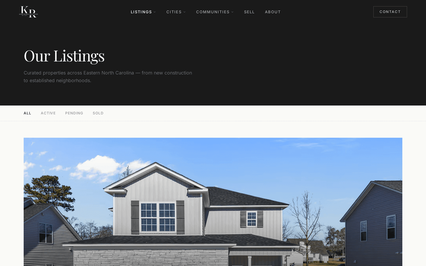 The /listings page on kinseyrussell.com — CMS-driven grid of every active, pending, and sold listing