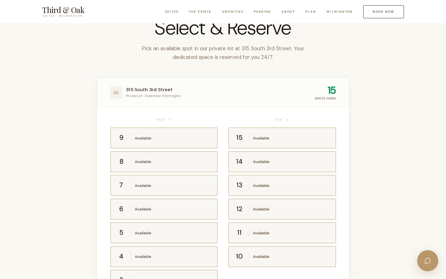 Monthly parking flow at /parking-downtown-wilmington — interactive lot diagram with live spot availability and Stripe-powered checkout